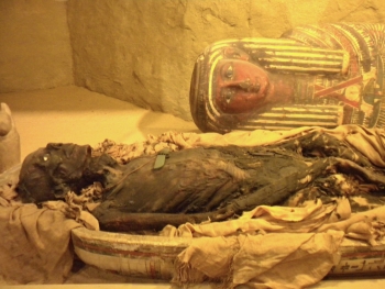 Egyptian mummy unwrapped in coffin with lid